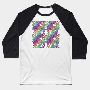 Rainbow Disco Octopus White on Swirls Baseball T-Shirt